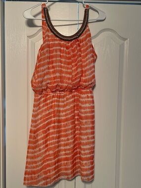 Three Hearts Orange & White Tie-Dye Sleeveless Dress with Beaded Neck